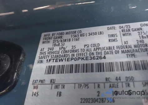 2023 Ford F-150 Xlt z USA, uszkodzony, nr VIN 1FTEW1EP0PKE36264